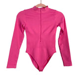 No Brand Bright Pink Ribbed Mock Neck Zipper Front Long Sleeve Bodysuit- Size S