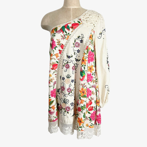 Farm Rio Cream Linen Bird and Floral Print Embroidered One Shoulder Dress- Size S