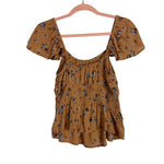 American Eagle Brown with Blue/Rust Floral Print Flutter Sleeve Elastic Waist Peplum Top- Size S