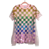 Queen of Sparkles Pink Checkered Sequins Tulle Overlay Dress- Size S (sold out online)