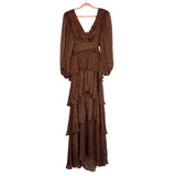 ASTR The Label Copper Floral Metallic Stripe Open Back Front Slit Tiered Maxi Dress- Size M