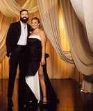 TERANI Couture Black and White Side Ruffle Strapless Gown- Size 12 (see notes)