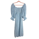 Sleeper Light Blue Gingham 100% Linen Off the Shoulder Smocked Midi Dress NWOT- Size L (sold out online)