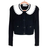 Self Portrait Black Metallic Wool Blend Front Tie and Lace Collar Detail Snap Front Cardigan Sweater- Size S (sold out online)