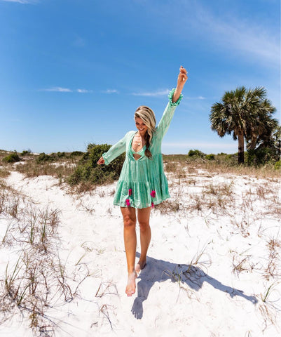 Sundress Mint Green Sequin Tassel Tie Cover Up- Size XS/S