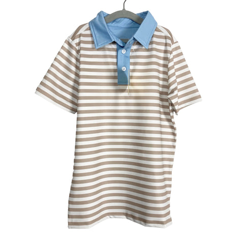 Courtside Kids Mocha/White Striped with Blue Collar Polo NWT- Size 7/8