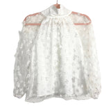 No Brand (Jane Fashion) White Mock Neck Floral Mesh Overlay with Back Tie Top- Size S