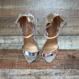 Lauren Lorraine Metallic Silver Ankle Strap Stilettos- Size 8 (see notes)