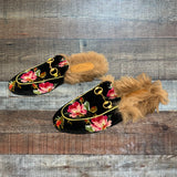 Gucci Black Floral Velvet Fur Lined Mules- Size 6