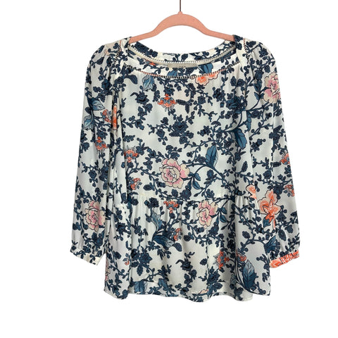 Loft Blue/Pink/Coral Floral Print Faux Silk Boat Neck Peplum Top- Size S Petite (see notes)