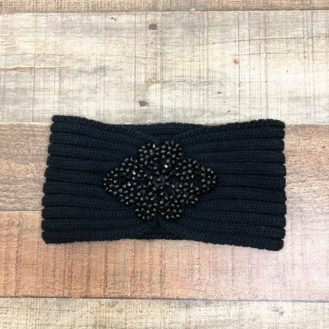 Betsey Johnson Black Ribbed Knit with Black Beads Ear Warmer Headband