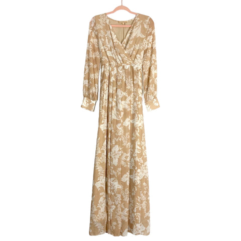 Ricarica Tan Floral Back Tie Sheer Sleeve Dress- Size M