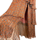 ASTR The Label Copper Floral Metallic Stripe Open Back Front Slit Tiered Maxi Dress- Size M
