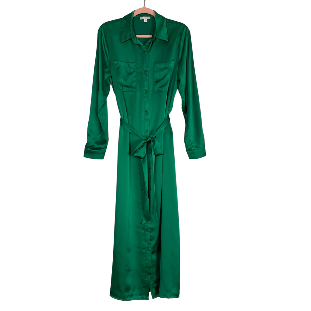 Flying Tomato Green Satin Button Up Belted Side Slits Dress- Size S The Saved Collection Flying Tomato Green Satin Button Up Belted Side Slits Dress- Size S The Saved Collection