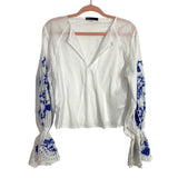 LEVI'S White Blue Embroidered Cinched Sleeve Top- Size XS