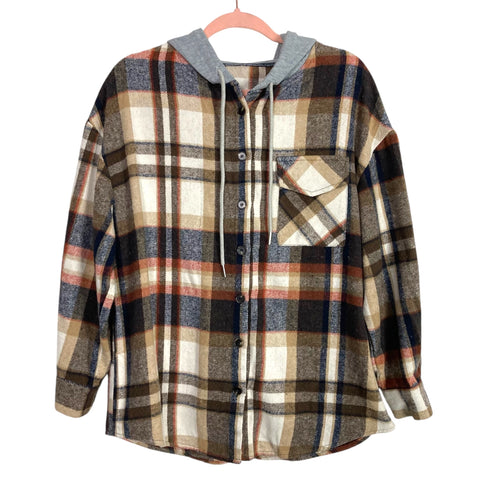 No Brand Navy/Brown/Brick Plaid Flannel Hooded Button Up- Size S