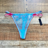 Lounge Blue/Hot Pink Embroidered Flowers Thong NWT- Size XL