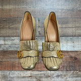 Gucci Gold Crinkle Leather Logo Block Heels- Size 36 (see notes)
