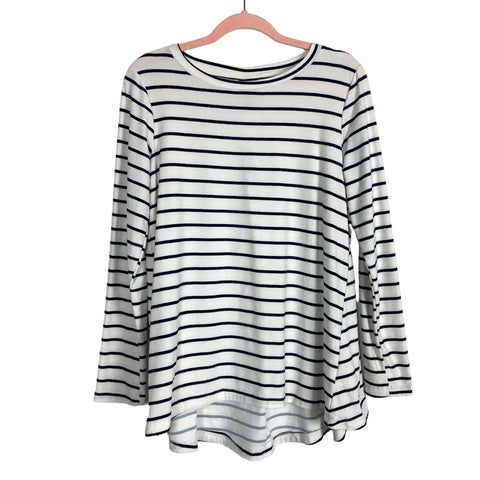 Bobeau White and Navy Striped Long Sleeve Top- Size M