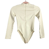 No Brand Cream Ribbed Mock Neck Zipper Front Long Sleeve Bodysuit- Size S