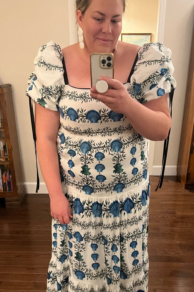 Antonio Melani White Blue Shell Print Puff Tie Sleeve Dress- Size 16 ( The Saved Collection Antonio Melani White Blue Shell Print Puff Tie Sleeve Dress- Size 16 ( The Saved Collection