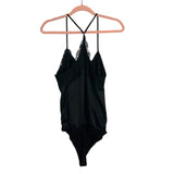 Pink Lily Black Satin and Lace Racerback Tank Thong Bodysuit- Size S