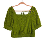 Everlane Green Eyelet Tie Back Elastic Waist Puff Sleeve Top- Size M