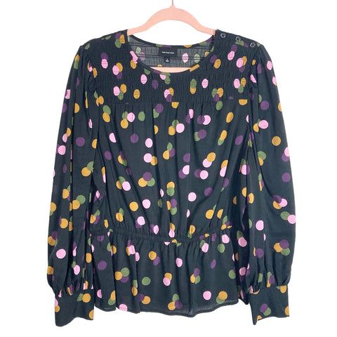 Who What Wear Black with Multi-Color Polka Dots and Button Shoulder Detail Smocked Top- Size L