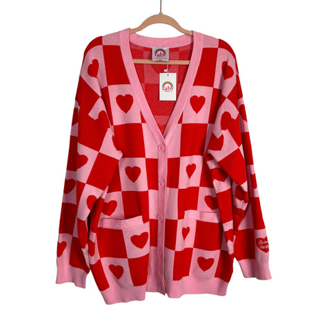 Taby Light Pink/Red Checkered Heart Button Cardigan Sweater NWT- Size M/L