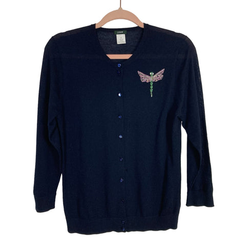 J. Crew Black with Beaded Dragonfly Button Up Cardigan- Size M (see notes)