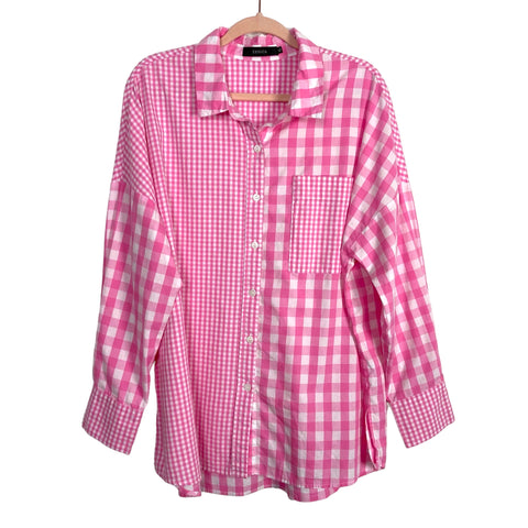 Zesica Pink/White Large and Small Checked Color Block Button Up- Size XL