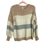 Cozy Casual Cream Tan and Grey Balloon Sleeve Sweater- Size S/M