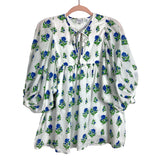 Saule Parc White with Blue/Green Floral Print Tie Front Balloon Sleeves Top- Size M (see notes)