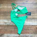 Pretty Little Thing Bright Green Sun Trim Asymmetric One Shoulder One Piece NWT- Size 12 (US 8, sold out online)