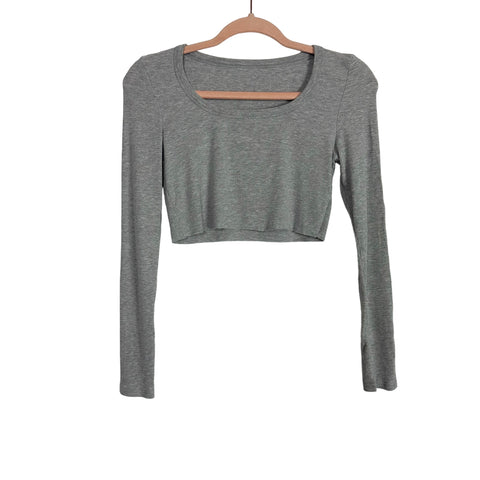 No Brand Grey Ribbed Swoop Neck Cropped Long Sleeve Top- Size ~S (no size tag, fits like S)