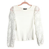 Fashion Ivory Ribbed with Crochet Sleeves Top- Size S