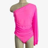 Anrabess Hot Pink Mesh Overlay One Sleeve with Ruched Back Bodysuit NWT- Size XL