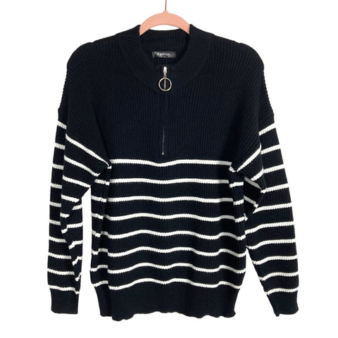Fashion Black and White Striped Quarter Zip Pullover- Size S
