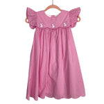 Classic Whimsy Pink Gingham with Applique Bunnies and Scallop Trim Dress- Size 8