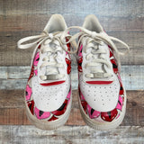 Pre-Owned Nike Air Force 1 White Lipstick Kiss Design Sneakers with Red and Pink Laces- Size 6Y (see notes)