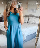 No Brand Blue Linen One Shoulder with Double Straps Jumpsuit- Size S