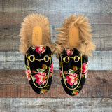 Gucci Black Floral Velvet Fur Lined Mules- Size 6