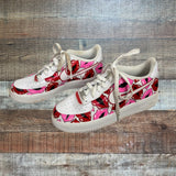 Pre-Owned Nike Air Force 1 White Lipstick Kiss Design Sneakers with Red and Pink Laces- Size 6Y (see notes)