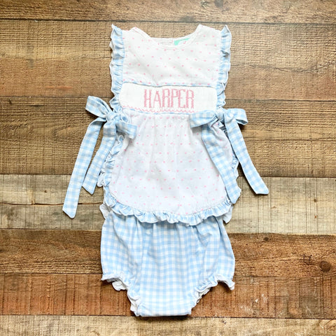 The Smocked Flamingo Swiss Dot Harper Smocked Dress with Bloomers- Size 3T