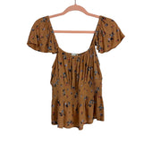 American Eagle Brown with Blue/Rust Floral Print Flutter Sleeve Elastic Waist Peplum Top- Size S