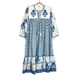 Pink City Prints White/Blue Floral Print with Tie Neckline Quilted Dress- Size M (see notes)