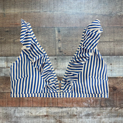 No Brand White/Blue Ruffle Swim Top - Size M