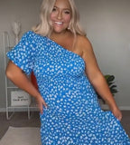 Fashion Blue and White Floral Smocked Bodice One Shoulder Dress- Size L