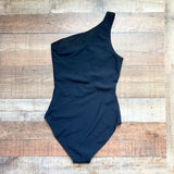 M Black Ribbed Padded One Shoulder One Piece Swimsuit- Size S