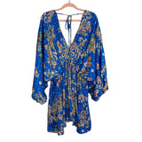 Free People Blue Printed Deep V Front and Back Tie Satin Dress- Size M (sold out online)